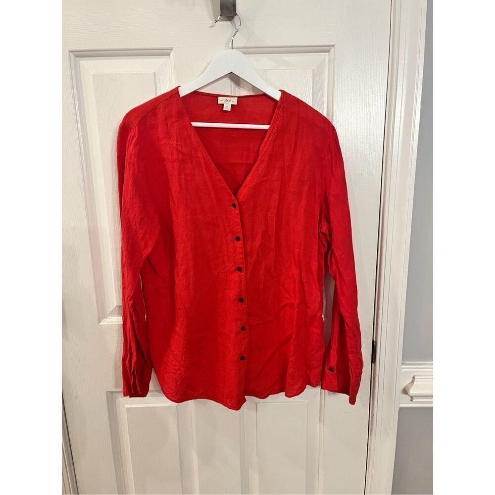J. Jill Red Orange V-Neck Linen Button Diwn Shirt sz M EUC